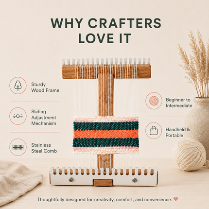 Adjustable Wood Tapestry Loom — Handheld Weaving Frame with Stainless Steel Comb Frame Hand Looms adjustable-tapestry-loom-sturdy-wood-diy-weaving-kit-handheld-weaving-frame-stainless-steel-comb-craft-tool-for-crafters Arts, Crafts & Sewing > Knitting & Crochet > Looms > Weaving Looms & Frames