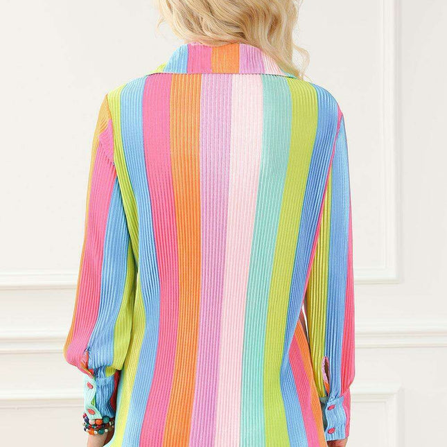 Colorful Crinkle Shirt and Shorts Ensemble with Playful Rainbow Stripes