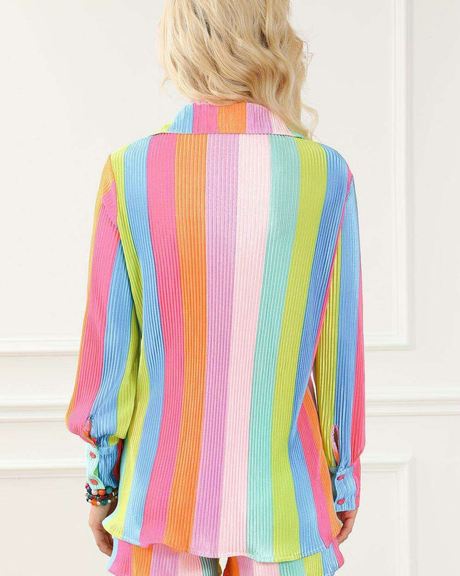 Colorful Crinkle Shirt and Shorts Ensemble with Playful Rainbow Stripes