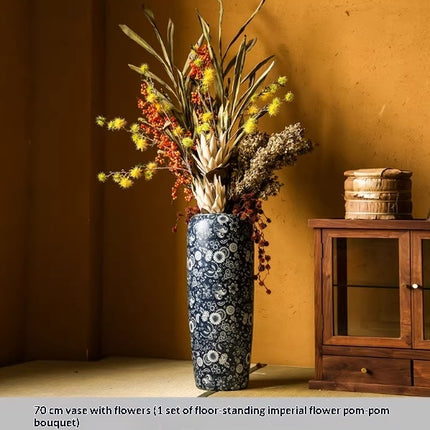 Blue And White Floor Vase Ceramic Tea Rooms Arrangement With Artificial Flowers