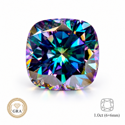 Rainbow Green Moissanite Cushion Cut Gemstone with GRA Certificate