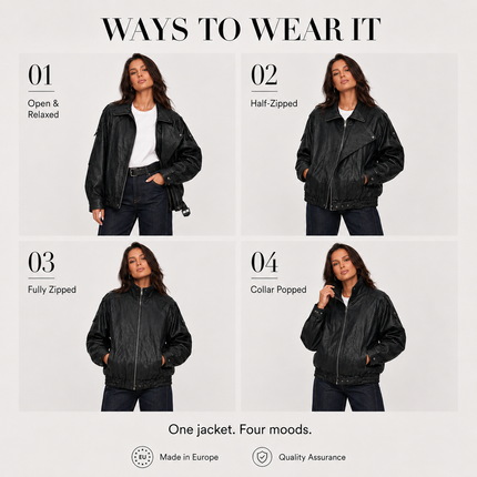 Oversized Faux Leather Jacket — High Collar, Full Zip & Adjustable Belt Coats & Jackets jacket-57 Clothing > Women's Clothing > Outerwear > Jackets & Coats > Faux Leather Jackets