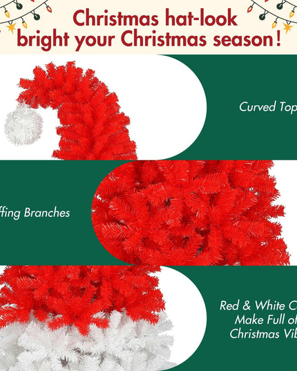 6FT Artificial Christmas Tree With LED Light, Santa's Hat Shape Artificial Whimsical Xmas Tree With 1050 Tip, Curved Xmax Tree