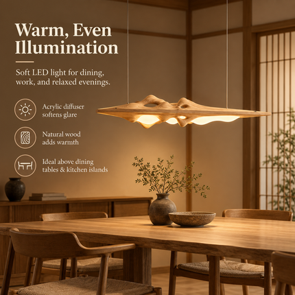 Solid Wood LED Pendant Light – Modern Long Chandelier for Dining Table, Kitchen Island & Bar
