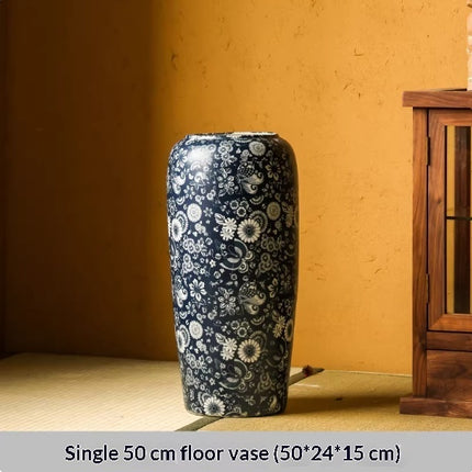 Blue And White Floor Vase Ceramic Tea Rooms Arrangement With Artificial Flowers