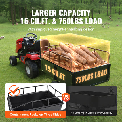 VEVOR 750 lb Heavy Duty ATV Dump Cart, 15 Cu Ft, Removable Sides