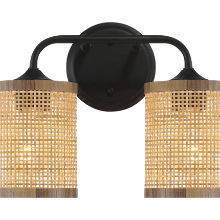 Quell Double Light Vanity Wall Lamp - Black Metal & Natural Rattan Sha