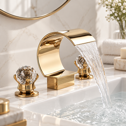 Rozin Widespread Golden Waterfall Faucet with Dual Crystal Handles Bathroom Sink Faucets bright-golden-waterfall-basin-faucet-dual-cristal-handle-widespread-bathroom-sink-mixer-tap-deck-mounted-bathtub-mixers-crane
