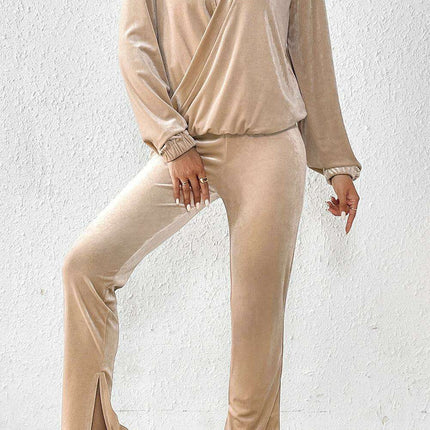 Velvet Elegance V-Neck Top and Slit Trousers Set