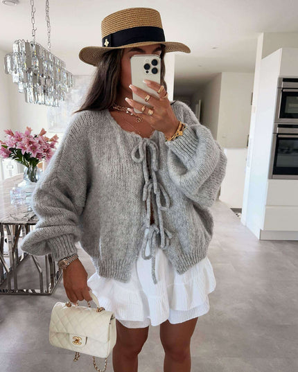 2024 Casual Knitted Bow Lace Up Cardigan Women Solid O-neck Short Sleeve Hollow Out Sweater Female Autumn Lady Solid Streetwear