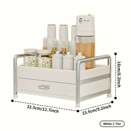 Elegant Milk White Stainless Steel Spice Organizer with Drawers, Chopping Board, and Utensil Holder for Home and Commercial Kitchens