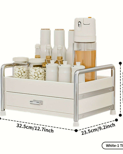 Elegant Milk White Stainless Steel Spice Organizer with Drawers, Chopping Board, and Utensil Holder for Home and Commercial Kitchens