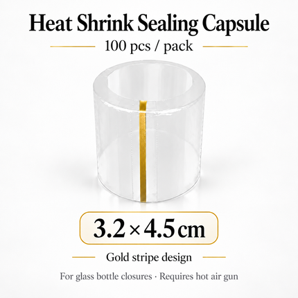Heat Shrink Sealing Capsules for Glass Bottles — 100pcs, Gold Stripe, 12 Sizes