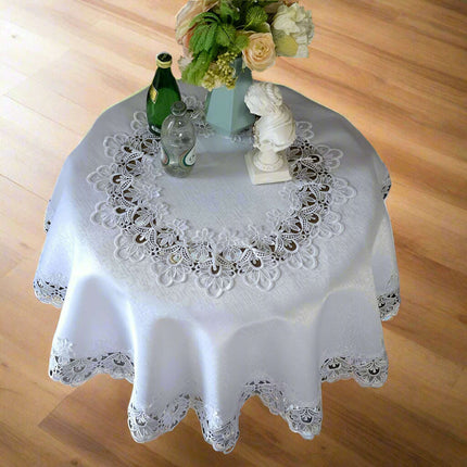 Sophisticated White Floral Lace Round Table Cover - 32-Inch Polyester Cloth for Elegant Dining Events, Easy Care