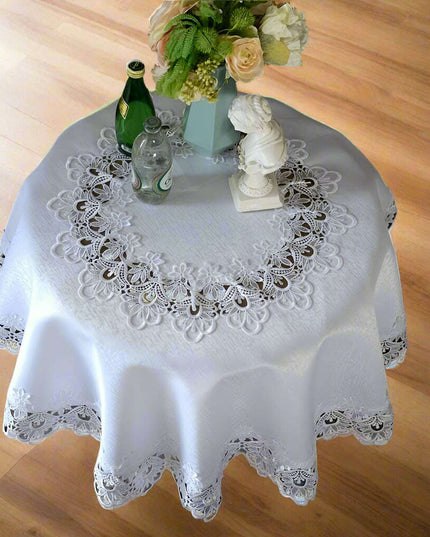 Sophisticated White Floral Lace Round Table Cover - 32-Inch Polyester Cloth for Elegant Dining Events, Easy Care