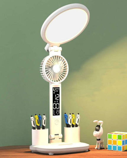 LED Clock Table Lamp USB Chargeable Dimmable Desk Lamp Plug-in LED Fan Light Foldable Eye Protection Reading Night Light
