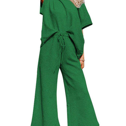 Luxe Olive Green Lounge Set with Oversized Tee and Adjustable Pants