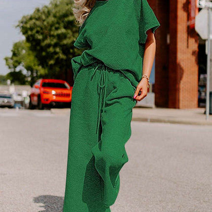 Luxe Olive Green Lounge Set with Oversized Tee and Adjustable Pants