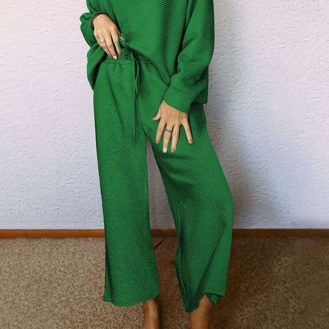 Elegant Green Textured Loungewear Set with Comfy Wide-Leg Pants