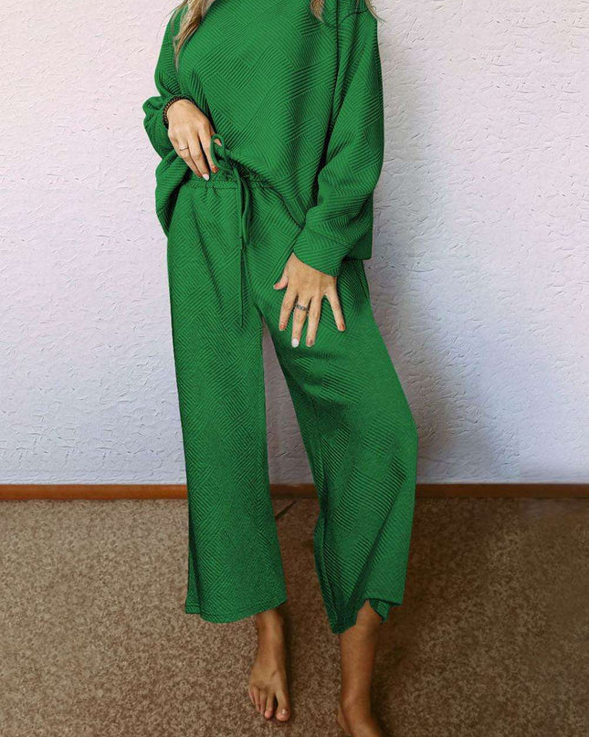 Elegant Green Textured Loungewear Set with Comfy Wide-Leg Pants