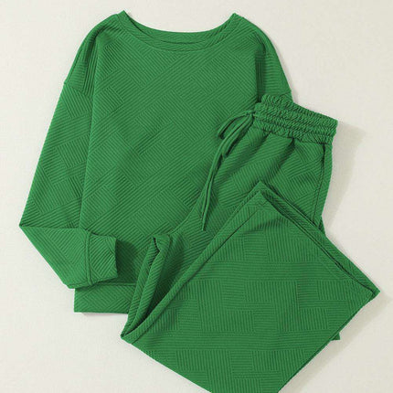 Elegant Green Textured Loungewear Set with Comfy Wide-Leg Pants
