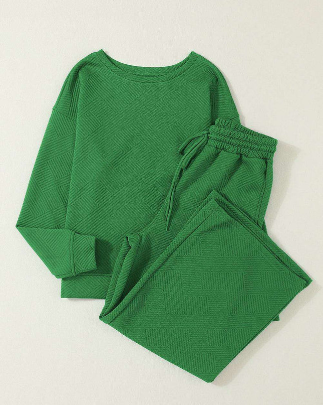 Elegant Green Textured Loungewear Set with Comfy Wide-Leg Pants