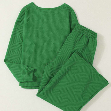 Elegant Green Textured Loungewear Set with Comfy Wide-Leg Pants
