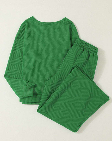 Elegant Green Textured Loungewear Set with Comfy Wide-Leg Pants