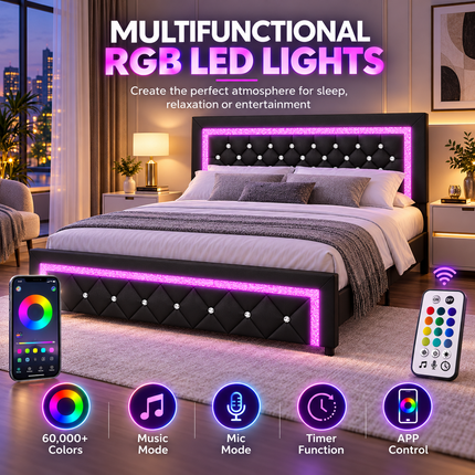 Shop1105673279 Queen Bed Frame, Upholstered, LED Lights, No Box Spring Platform Beds & Bed Frames queen-bed-frame-with-led-lights-upholstered-platform-bed-diamond-tufted-headboard-no-box-spring-needed-black