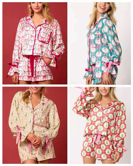 2 Pcs Women's Christmas Pajama Set Santa Tree Print Lapel Neck Button-up Long Sleeve Tops Shorts Loungewear Outfit