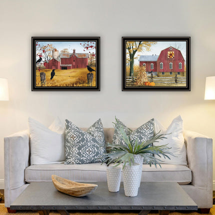 Billy Jacobs 2-Piece Autumn Red Barns Wall Art Set, Black Framed Decor