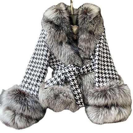 Women's Belted Houndstooth Jacket with Faux Fur Trim