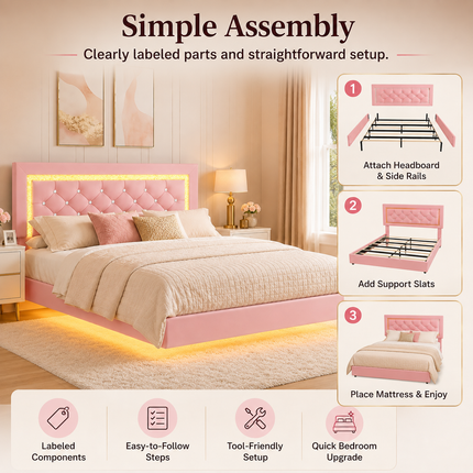 Full Floating Bed Frame with LED Lighting & Pink Diamond Headboard — No Box Spring Needed Platform Beds & Bed Frames full-floating-bed-frame-with-led-lights-pink-upholstered-diamond-headboard-no-box-spring-needed-noise-free-easy-assembly Furniture > Bedroom Furniture > Beds & Bed Frames