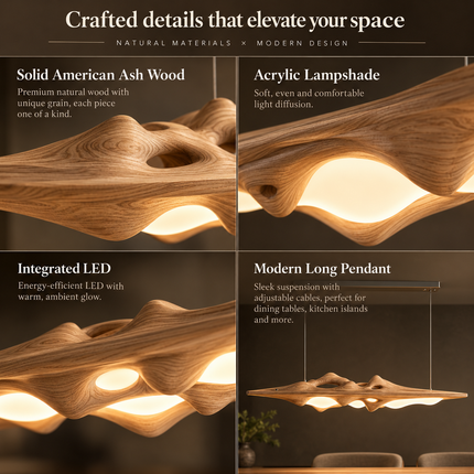 Solid Wood LED Pendant Light – Modern Long Chandelier for Dining Table, Kitchen Island & Bar