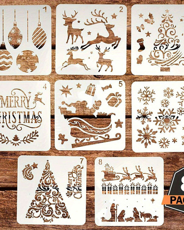 Festive 8-Piece Stencil Set for Creative Holiday DIY - Durable, Reusable, and Perfect for Decorating Wood, Walls, and Fabrics