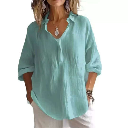Women's Casual Long-Sleeved Lapel Pullover Shirt — Loose Fit, 3/4 Sleeve