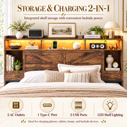 Farmhouse King Bed Frame with LED Headboard, 4-Drawer Storage & Charging Station Platform Beds & Bed Frames king-bed-frame-with-led-lights-storage-drawers-charging-station-farmhouse-style-no-box-spring-needed Furniture > Bedroom Furniture > Beds & Bed Frames