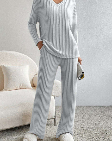 Chic Ribbed V-Neck Lounge Set - Ultimate Comfort Attire