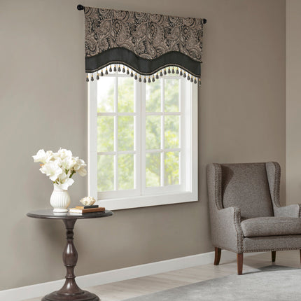 Room & Decor Jacquard Rod Pocket Valance with Beads, Black 50x18