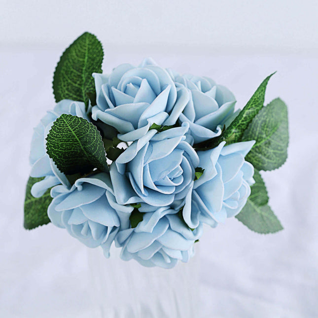 AliKopy 24 Dusty Blue Foam Roses with Stem Wire and Leaves - Realistic