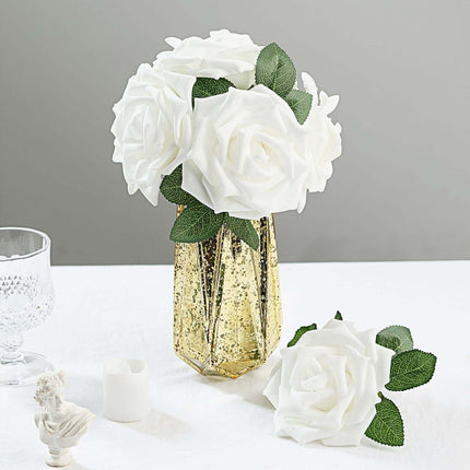 AliKopy 24 White Foam Roses - 5" Flowers with Stem Wire & Leaves