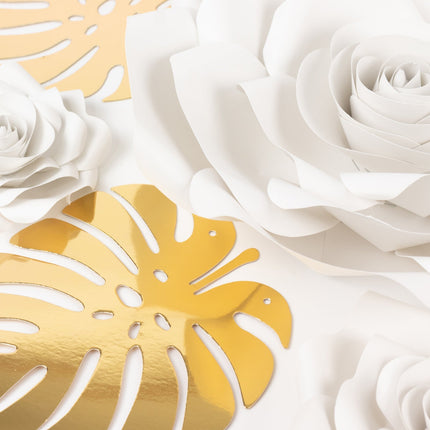 AliKopy 9-Piece White 3D Rose Paper Flowers Set with Gold Palm Leaves