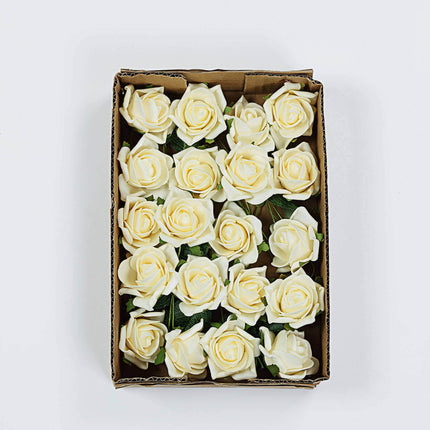 AliKopy 24 Cream Foam Roses with Stem Wire & Leaves - Realistic Decor