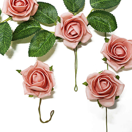 AliKopy 24 Dusty Rose Artificial Foam Flowers with Stem & Leaves