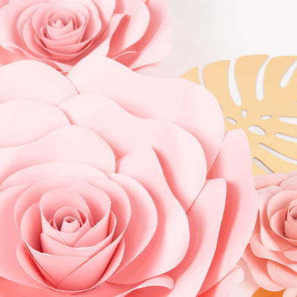 AliKopy Set of 9 Pink 3D Rose Paper Flowers with Gold Palm Leaves Deco