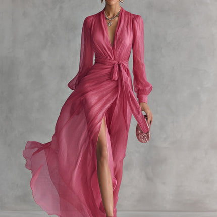 Deep V Neck Long Sleeve Maxi Dress — Wrap Tie Waist, High Slit Dresses deep-v-neck-long-sleeve-maxi-dress-wrap-tie-waist-high-slit Clothing, Shoes & Jewelry›Women›Clothing›Dresses