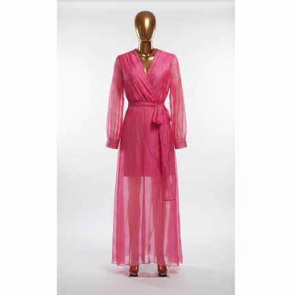 Deep V Neck Long Sleeve Maxi Dress — Wrap Tie Waist, High Slit
