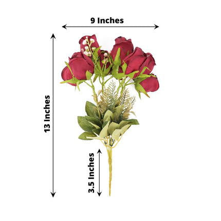 AliKopy 3 Pack 13" Burgundy Real Touch Silk Rose Bud Bouquets