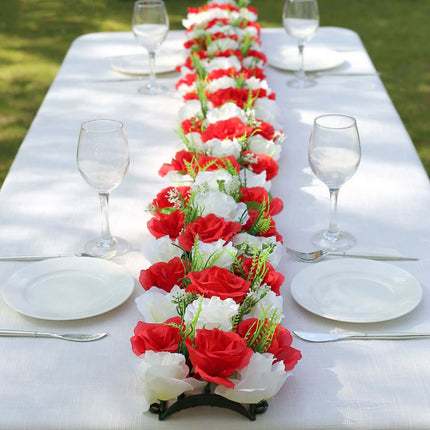 AliKopy 6 Pack Red Ivory Silk Rose Table Runner - 20"x8", Wedding Deco