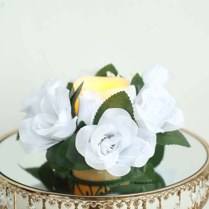 AliKopy 4 Pack 3" White Silk Rose Flower Candle Rings - Elegant Decor